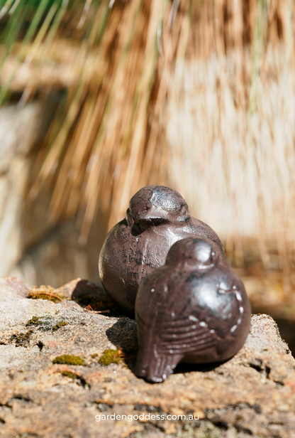 Rustic Cast Iron Mother & Baby Bird Garden Ornaments - Set of 2 (Weatherproof Brown Finish)