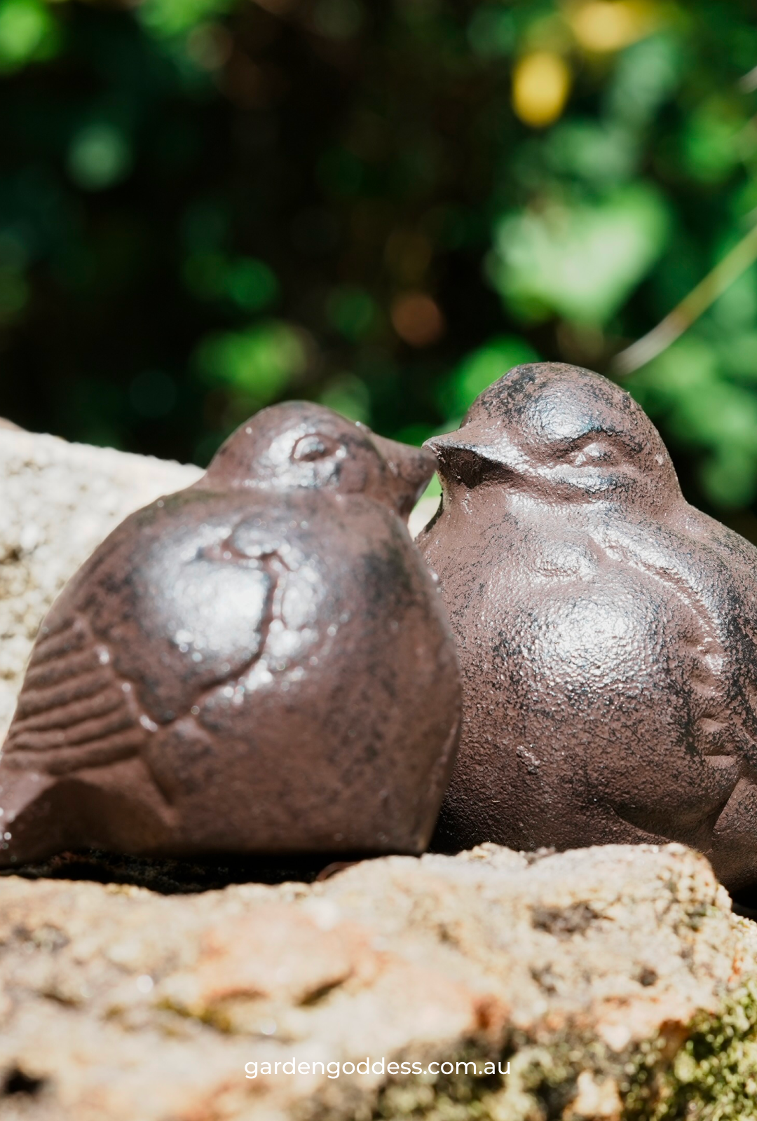 Rustic Cast Iron Mother & Baby Bird Garden Ornaments - Set of 2 (Weatherproof Brown Finish)