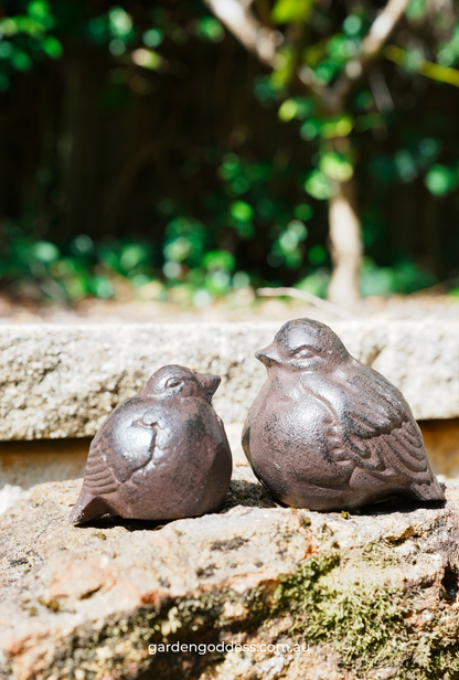 Rustic Cast Iron Mother & Baby Bird Garden Ornaments - Set of 2 (Weatherproof Brown Finish)