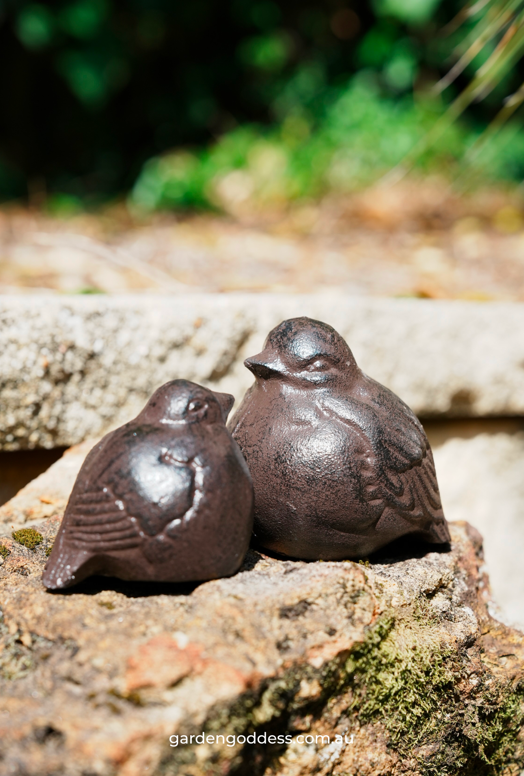 Rustic Cast Iron Mother & Baby Bird Garden Ornaments - Set of 2 (Weatherproof Brown Finish)
