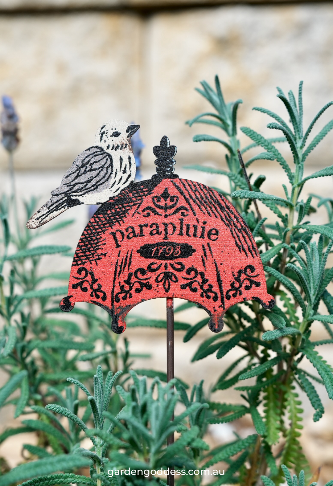 Rustic Metal Bird & Red Umbrella Garden Stake | Pot Plant Ornament | Outdoor Planter Decor (31cm)