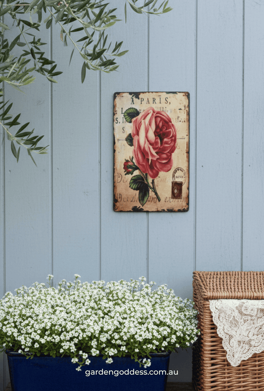 Vintage French Provincial Rose Metal Wall Sign - Shabby Chic Garden & Fence Decor