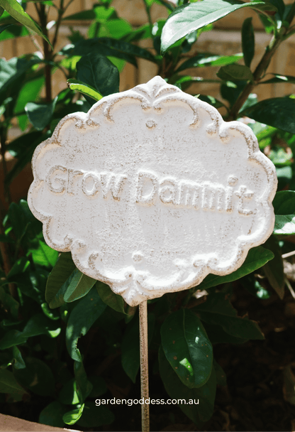 "Grow Dammit" Funny Garden Stake – Shabby Chic Cast Iron Style Plant Marker
