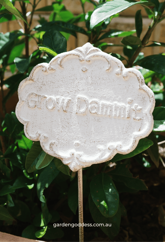 "Grow Dammit" Funny Garden Stake – Shabby Chic Cast Iron Style Plant Marker