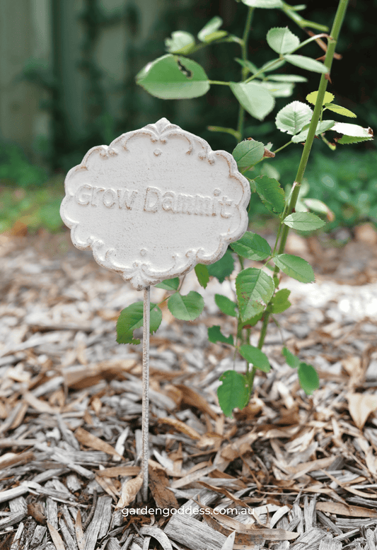 "Grow Dammit" Funny Garden Stake – Shabby Chic Cast Iron Style Plant Marker