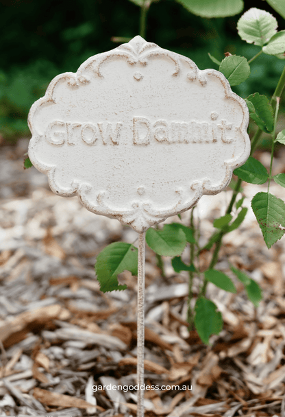 "Grow Dammit" Funny Garden Stake – Shabby Chic Cast Iron Style Plant Marker