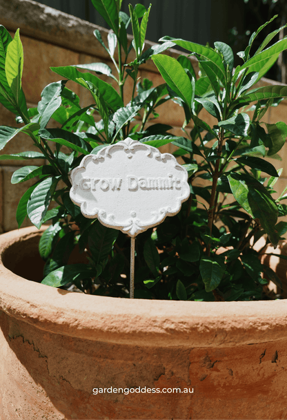 "Grow Dammit" Funny Garden Stake – Shabby Chic Cast Iron Style Plant Marker